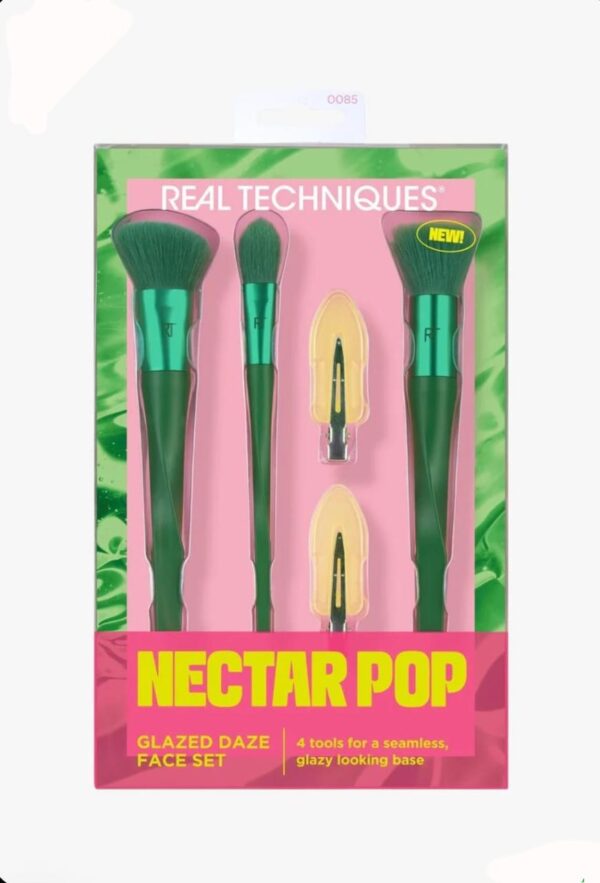 REAL TECHNIQUES NECTAR POP GLAZED DAZE FACE SET ريل تكنيك سيت فرش مع مشابك شعر