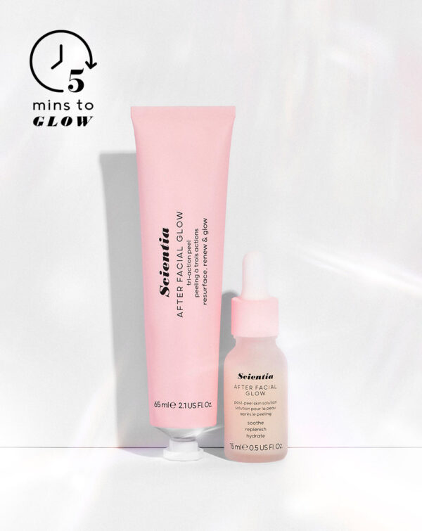 SCIENTIA AFTER FACIAL GLOW Resurfacing Mask & Restorative Serum Duo Set 65ml (peel) & 15ml (post-peel solution) مجموعة ثنائية من قناع تجديد البشرة والمصل المرمم 65 مل (مقشر) و15 مل (محلول ما بعد التقشير)