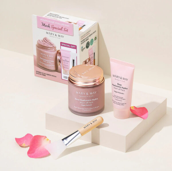 Mary&May Vegan Rose Hyaluronic Mask Special Set (125g+30g) مجموعة خاصة من قناع الهيالورونيك النباتي من ماري آند ماي