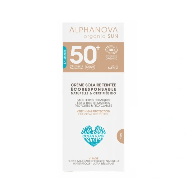 ALPHANOVA ORGANIC SUN CRÈME SOLAIRE TEINTÉE CLAIRE CERTIFIÉE BIO SPF 50+ واقي من أشعة الشمس ملون