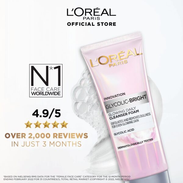 L'Oreal Glycolic Bright GLOWING DAILY CLEANSER FOAM لوريال باريس الجليكوليك مشرق رغوة منظفة يومية متوهجة