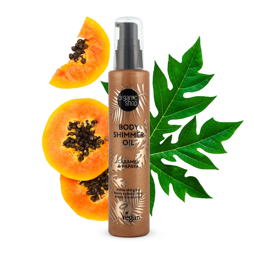 ORGANIC SHOP Body Shimmer Oil Caramel & Papaya 100ml اوركانك شوب زيت الجسم اللامع بالكراميل والبابايا - Image 2