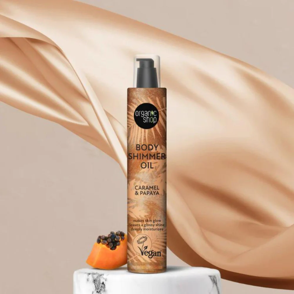 ORGANIC SHOP Body Shimmer Oil Caramel & Papaya 100ml اوركانك شوب زيت الجسم اللامع بالكراميل والبابايا - Image 3