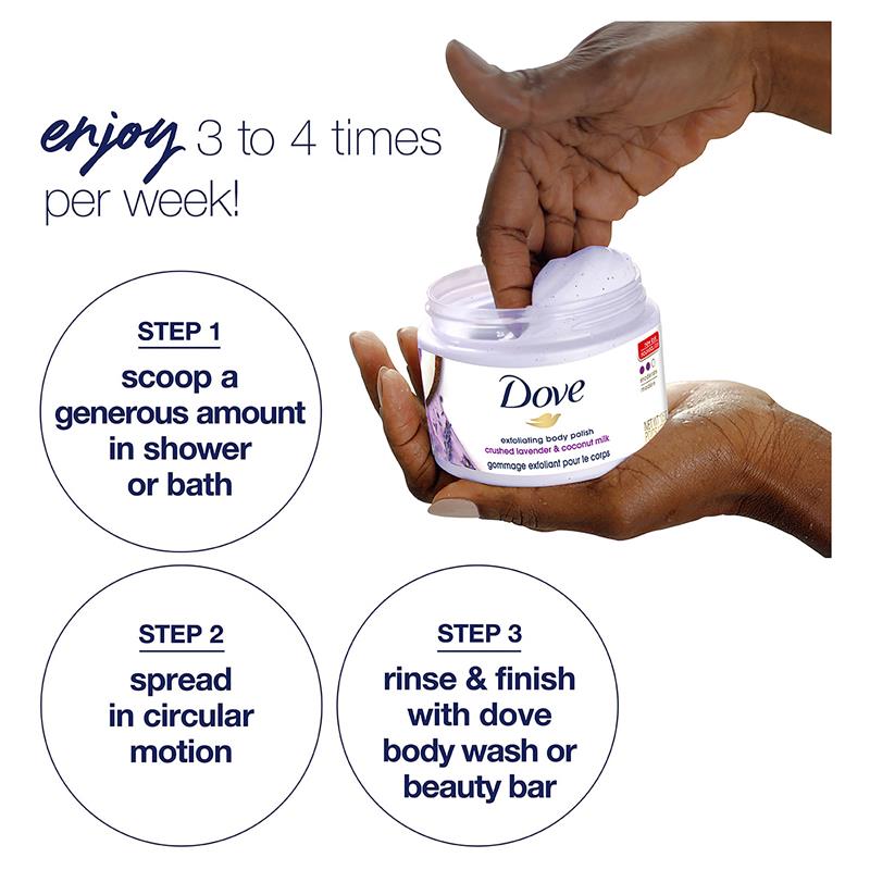 DOVE exfoliating body polish crushed lavender & coconut milk 298g دو مقشر الجسم بخلاصة اللافندر المطحون وحليب جوز الهند - Image 3