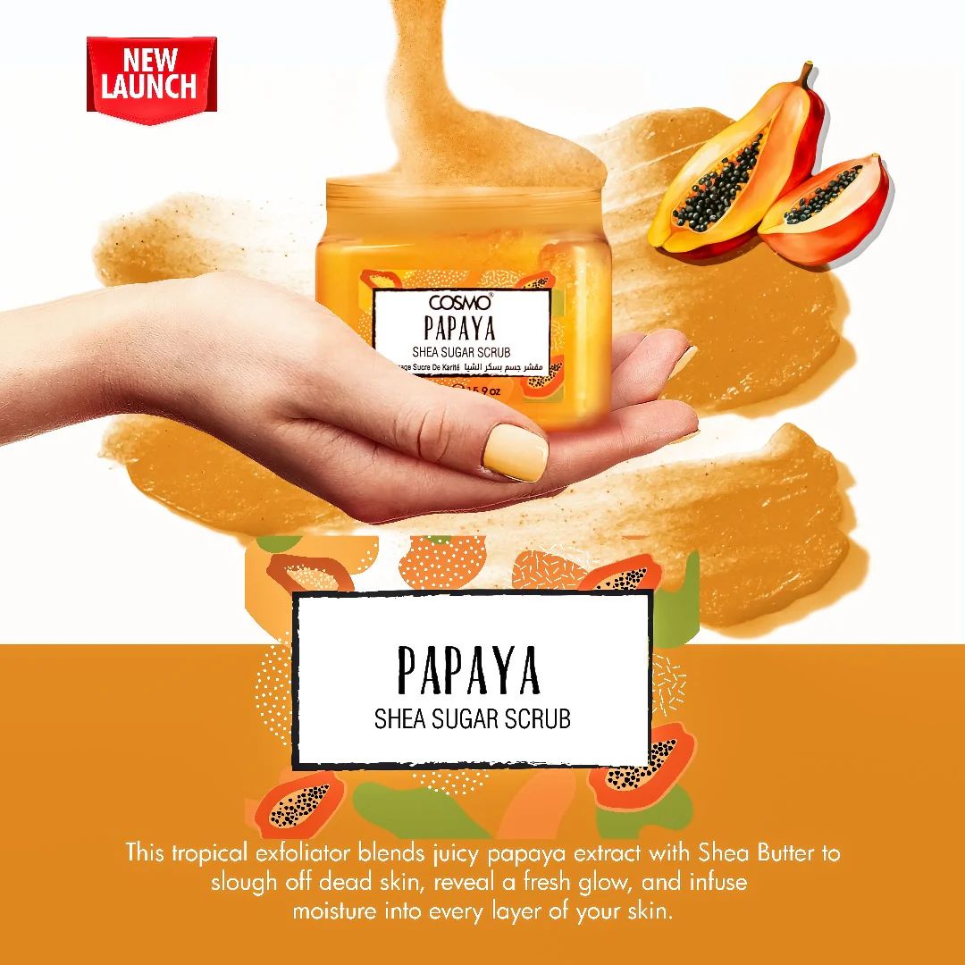 COSMO PAPAYA SHEA SUGAR SCRUB 450g مقشر الجسم بسكر الشيا من كوزمو - Image 2