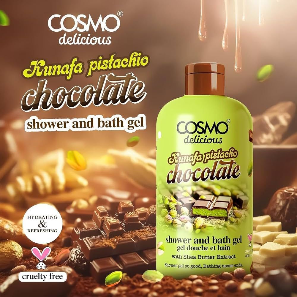 COSMO DELICIOUS KUNAFA PISTACHIO CHOCOLATE SHOWER AND BATH GEL 500ml كوزمو غسول منظف ومرطب للجسم - Image 2