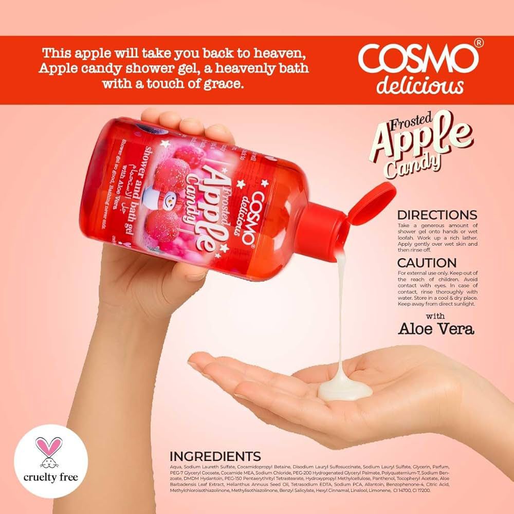 COSMO DELICIOUS FROSTED APPLE CANDY SHOWER AND BATH GEL 500ml كوزمو غسول منظف ومرطب للجسم - Image 2