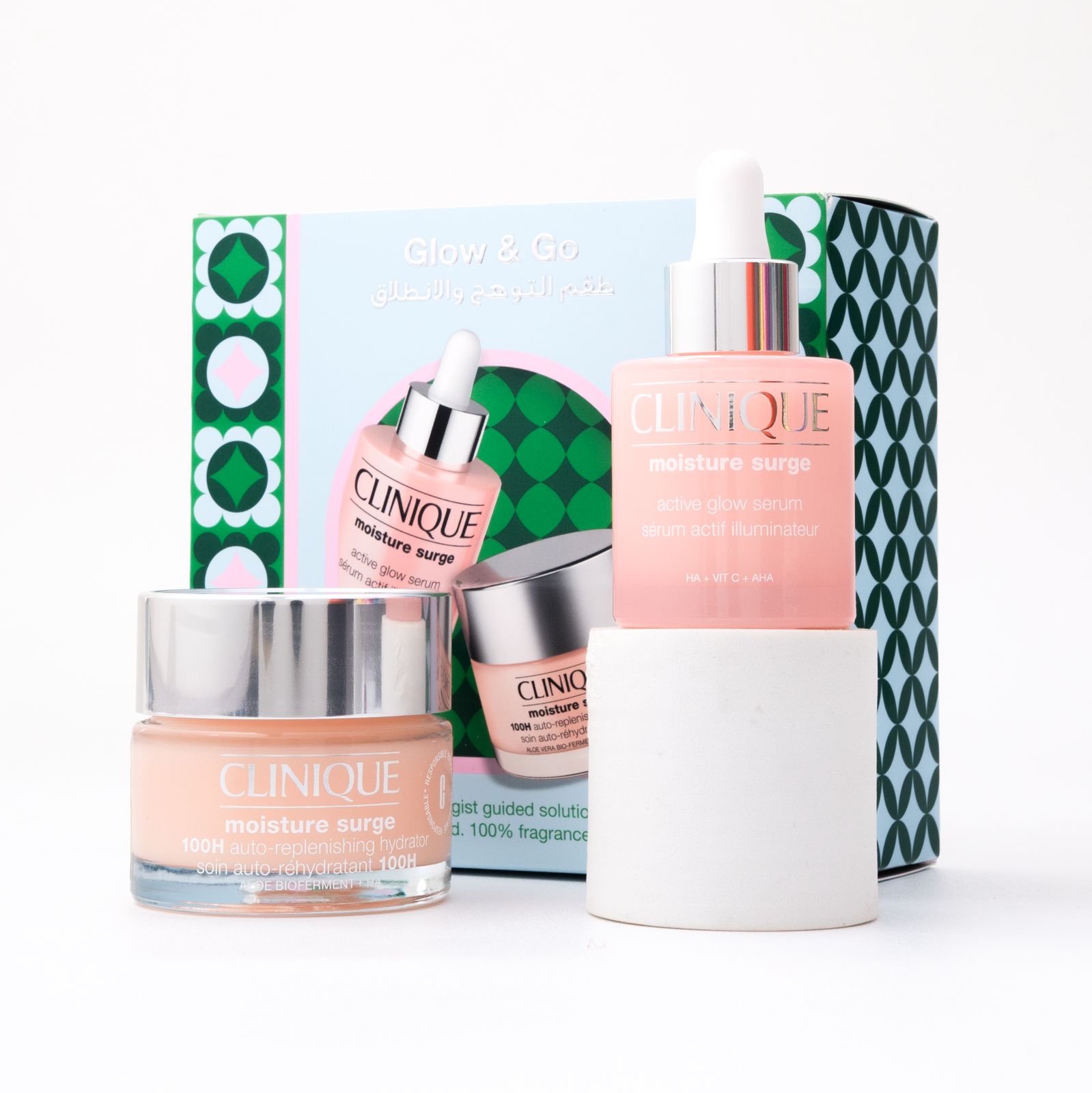 CLINIQUE Glow &amp; Go Moisture Surge Hydration (Hydrator 50ml + Serum 30ml) Set  كلينك سيت لترطيب والعناية بالبشرة.
