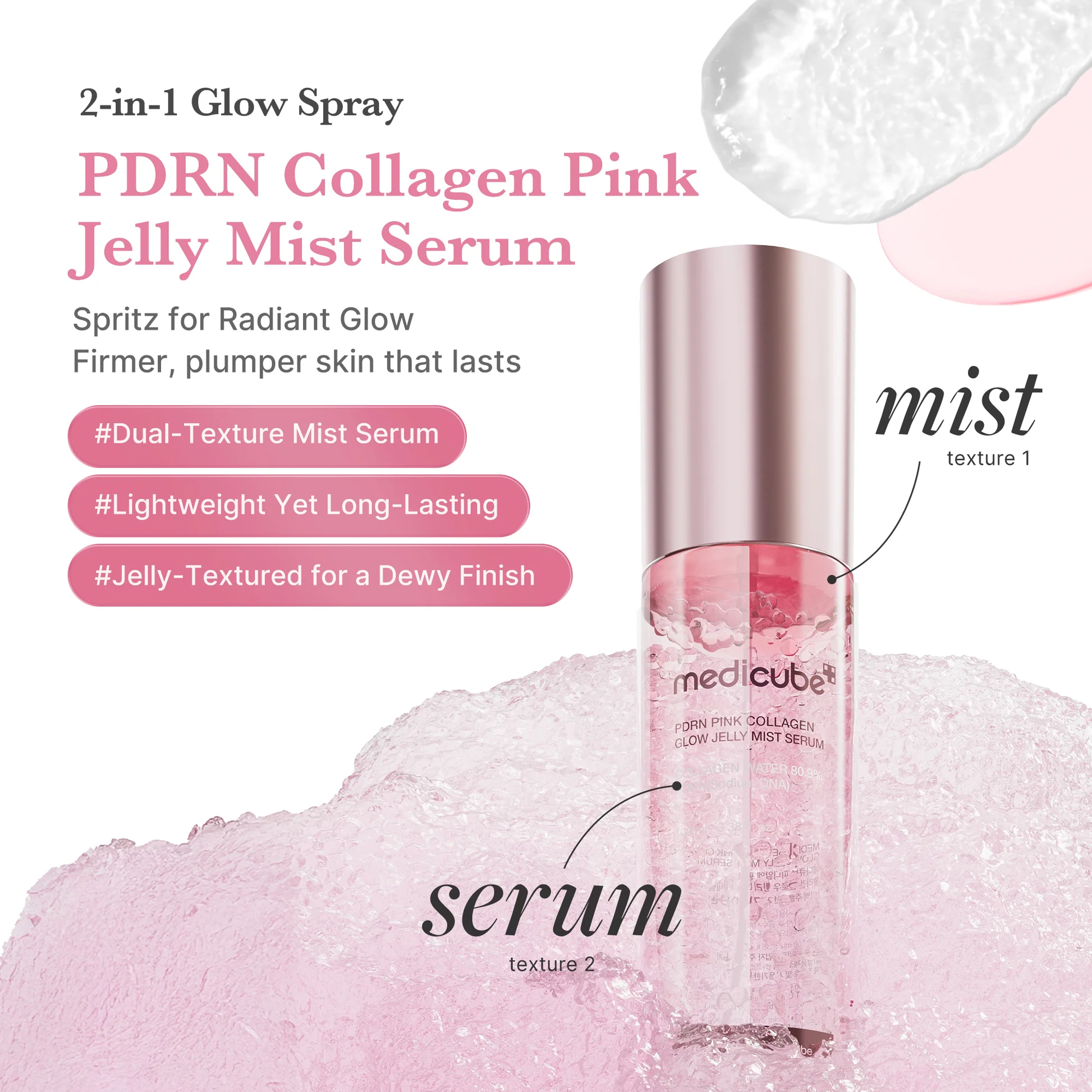 MEDICUBE PDRN Pink Collagen Glow Jelly Mist Serum 2 in 1 100ml ميدكيوب سيروم رذاذ بخلاصة زيت السلمون والكولاجين لترطيب البشرة - Image 4