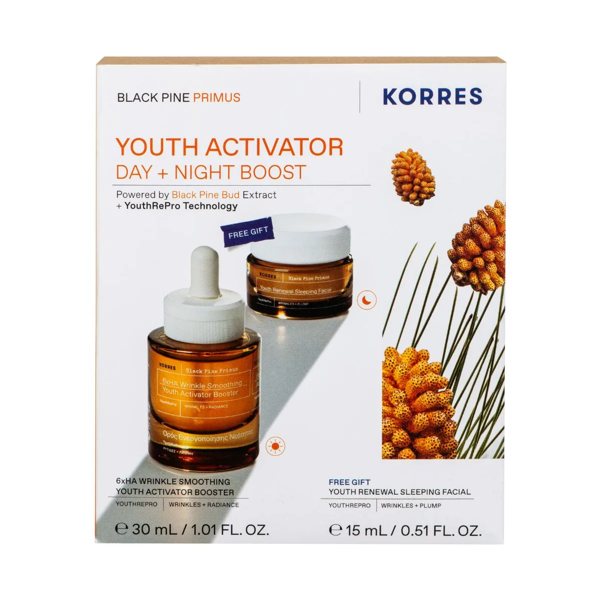 KORRES Black Pine Primus Youth Activator Day + Night Boost Set (Day & Night Serum 30 ml + Sleeping Facial 15ml) كوريس مجموعة العناية بالبشرة - Image 2