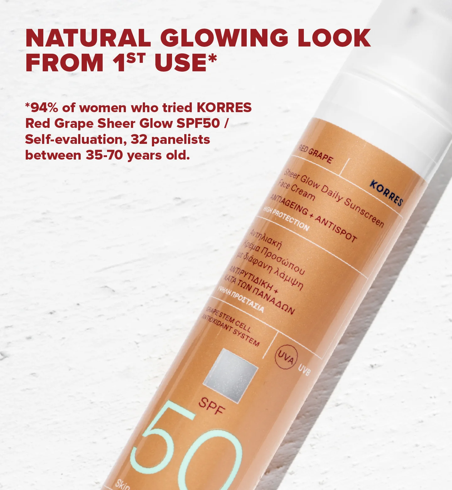 KORRES Red Grape Sheer Glow Daily Sunscreen Face Cream SPF50 50ml كوريس كريم واقي شمس موحد للون البشرة ومكافح لعلامات الشيخوخة - Image 6