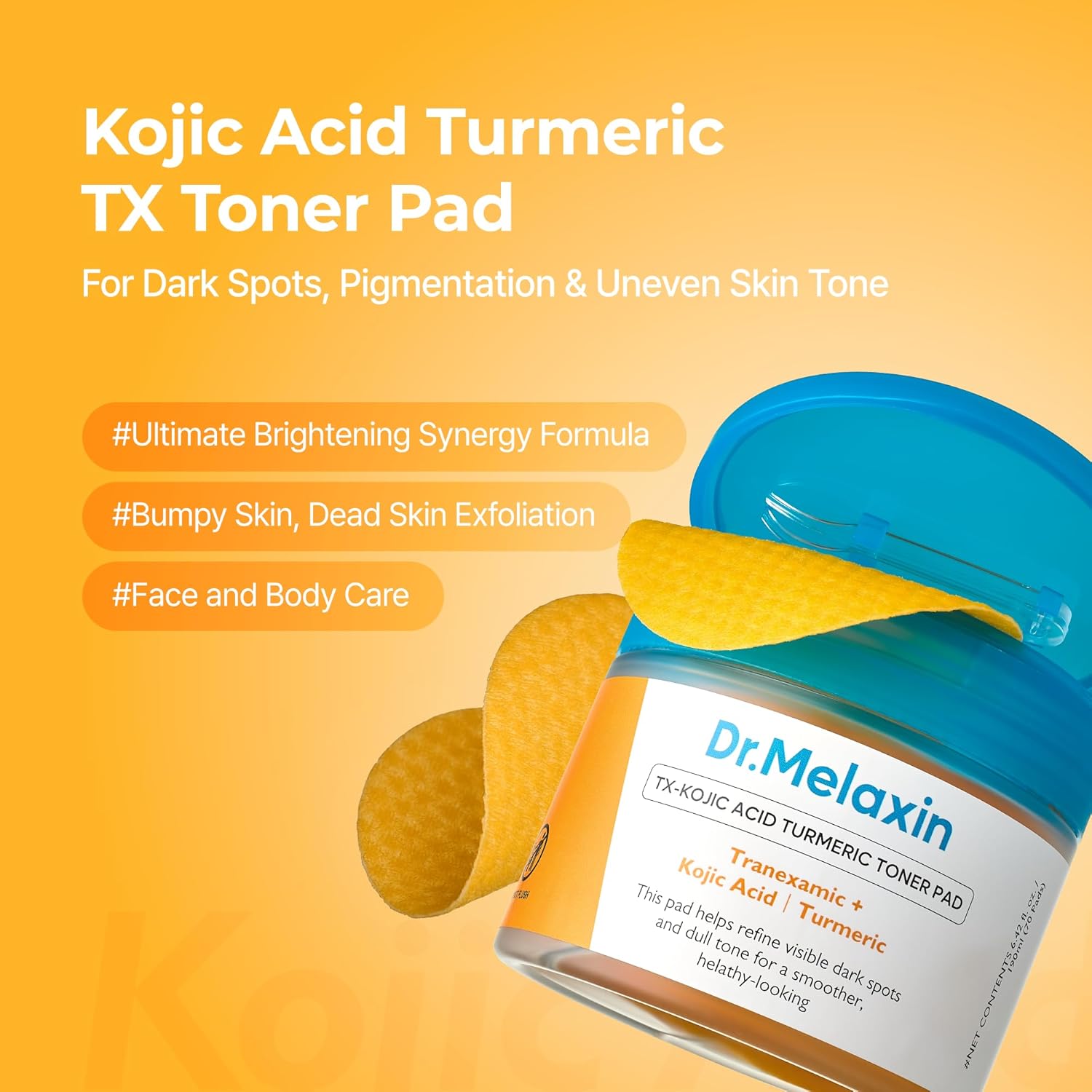 DR.MELAXIN TX-Kojic Acid Turmeric Toner Pad (70 Pads) دكتور ميلاكسين بادات تونر بالكركم وحمض الكوجيك تقشر ،ترطب وتوحد لون البشرة - Image 3