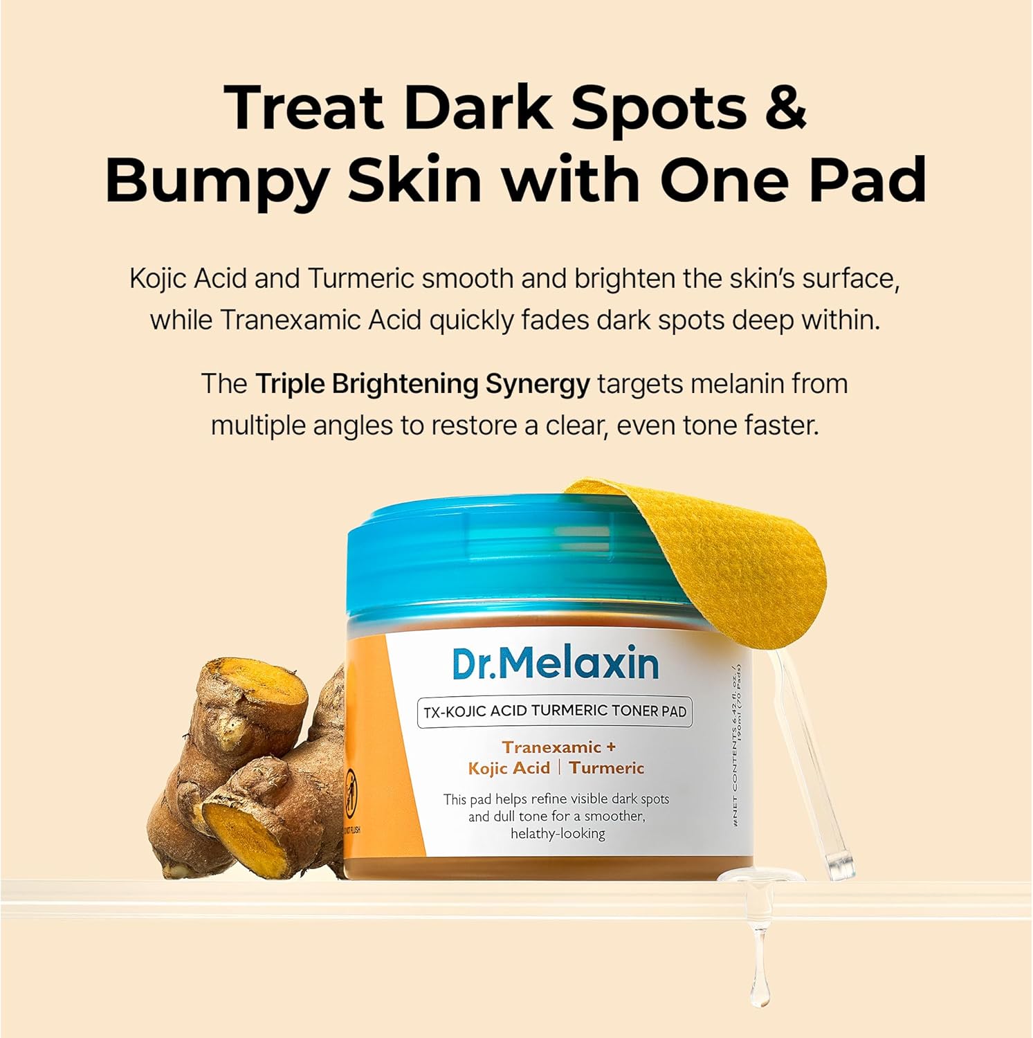 DR.MELAXIN TX-Kojic Acid Turmeric Toner Pad (70 Pads) دكتور ميلاكسين بادات تونر بالكركم وحمض الكوجيك تقشر ،ترطب وتوحد لون البشرة - Image 6