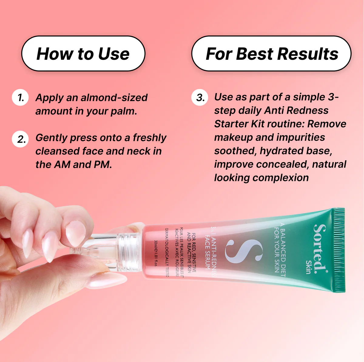 SORTED SKIN 3 IN 1 ANTI-REDNESS FACE SERUM 30ml سورتيد سكن سيروم مرطب ومهدئ ومضاد لإحمرار البشرة - Image 4