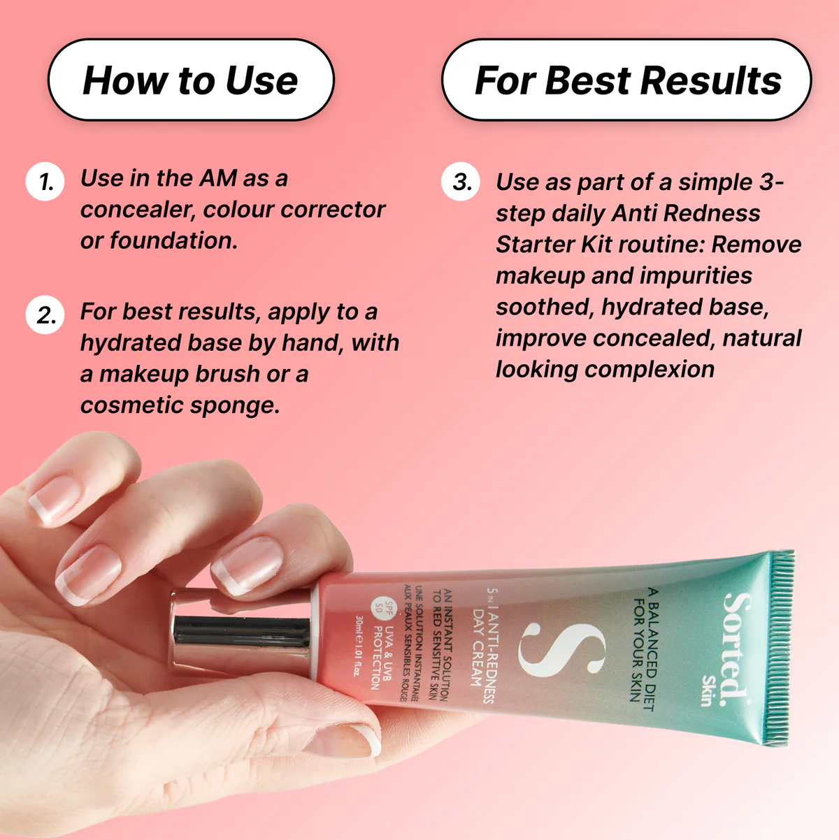 SORTED SKIN 5 IN 1 ANTI-REDNESS DAY CREAM SPF50 30ml سورتيد سكن كريم مرطب ومهدئ ومضاد لإحمرار البشرة مع عامل حماية من الشمس - Image 2