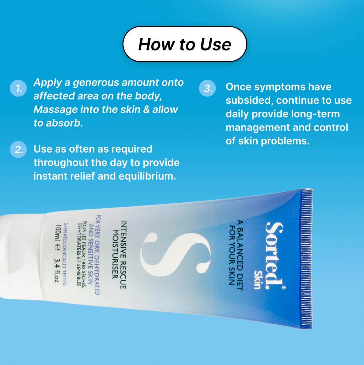 SORTED SKIN INTENSIVE RESCUE MOISTURISER FOR VERY DRY, DEHYDRATED AND SENSITIVE SKIN 100ml سورتيد سكن مرطب مغذي ومجدد للجسم للبشرة شديدة الجفاف والمتشققة والحساسة - Image 2